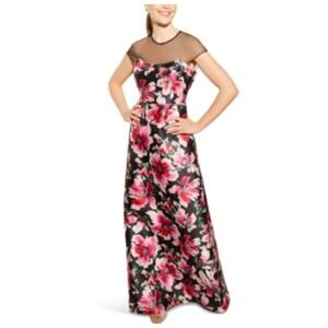 Adrianna Papell Floral Print A-Line Evening Gown Black and Pink Size 8 Dress
